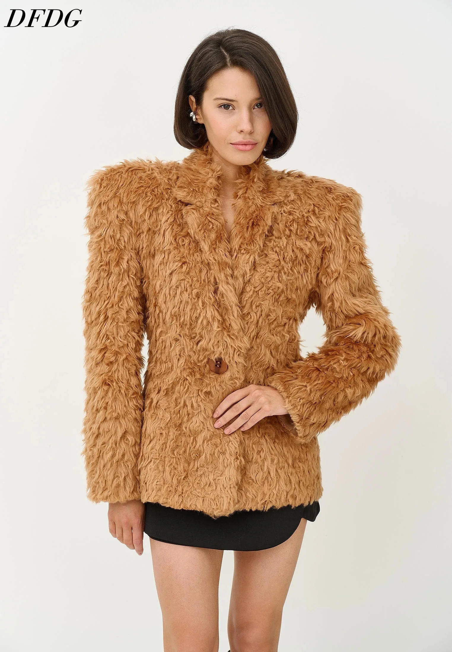DFDG 2026 Women Shoulder Pads Curly Faux Fur Blazer Coat Single Button Long Sleeve Outerwear Warm Jacket Winter Street Coat