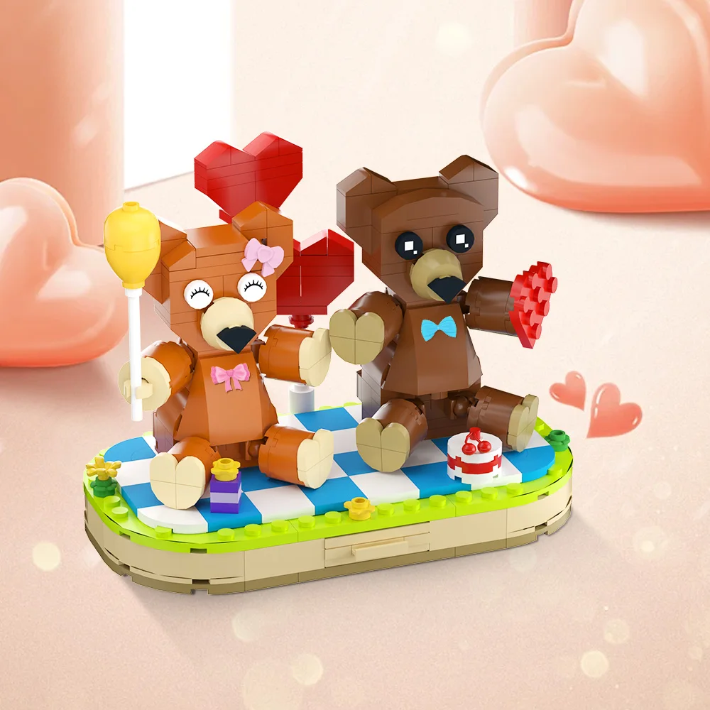 

MOC Couple Bear Model Building Blocks Cupid Cute Brown Bear Balloon Love Bear Animal Assembled Brick Toy Valentine's Day Gift