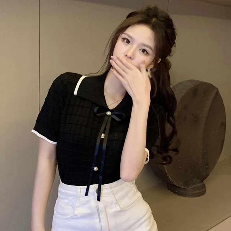 Women\'s Knitted Short Sleeve Korean Version Retro Lapel Bow Pearl Buckle Small Fragrant Style Sweet Top