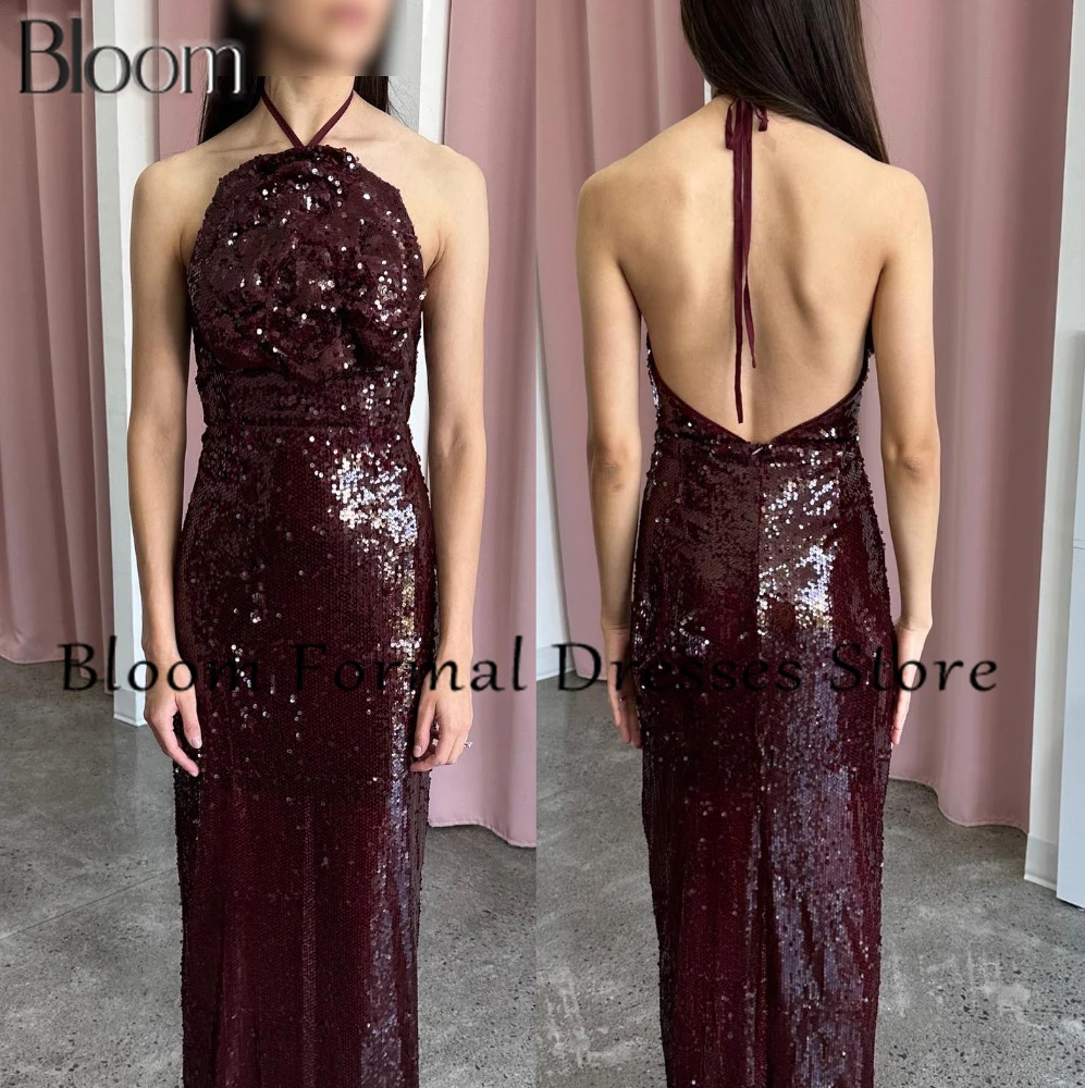 Bloom Customized Sleeveless Sequined Solid Color Sparkly Tassel Backless Straight Elegant Party Evening Dress Woman High Quality