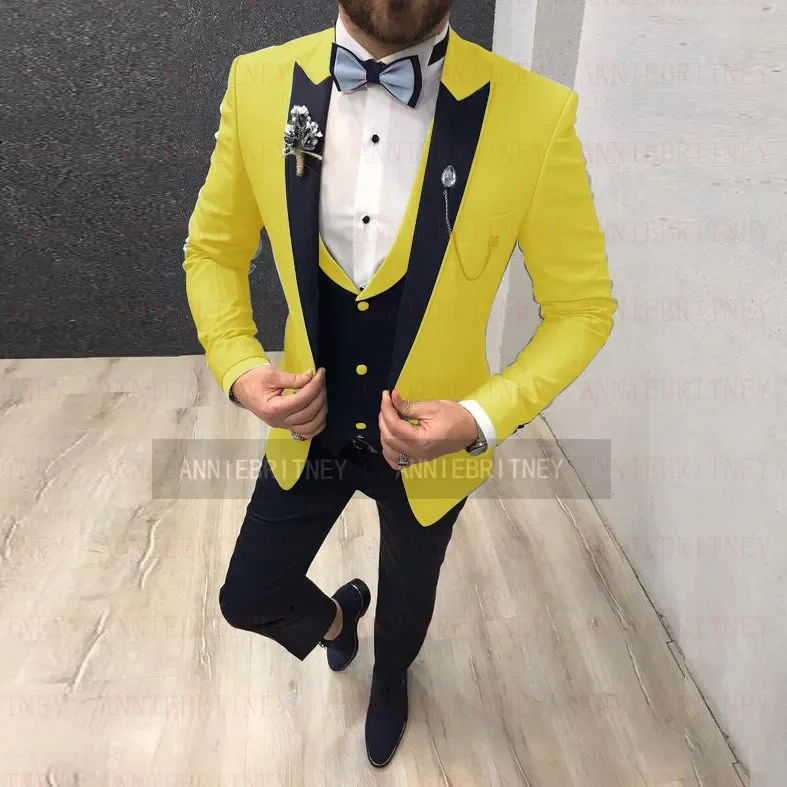 Brand New Fashion Yellow Men Suit Jacket With Royal Blue Vest Pants 3 Pieces Slim Fit White Party Wedding Groom Tuxedo Blazer