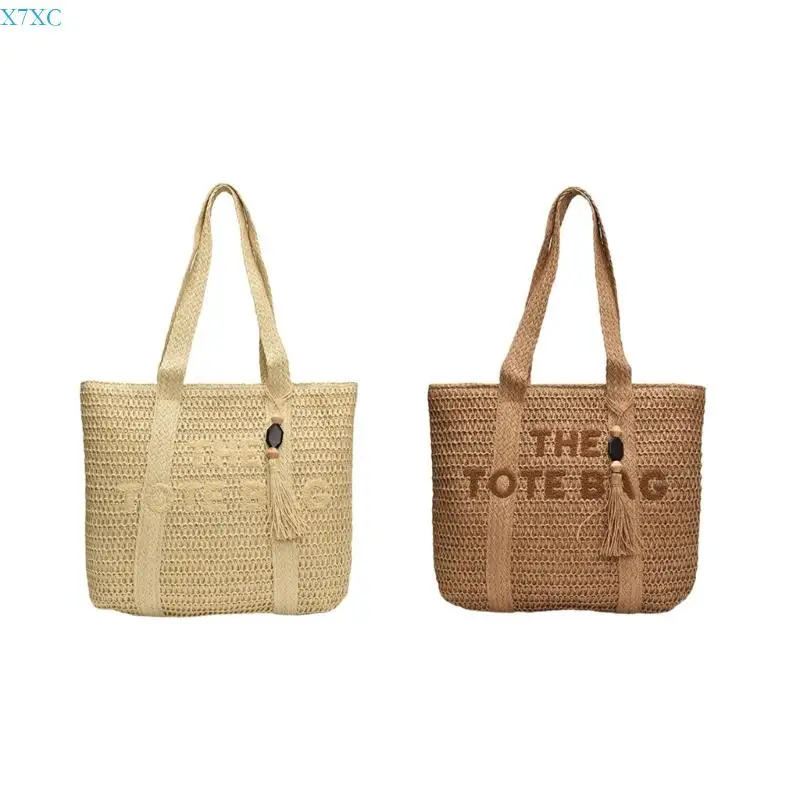 

X7XC Women Shoulder Bag French Styles Handbag All-matching Beach Bag Straw Woven Bag