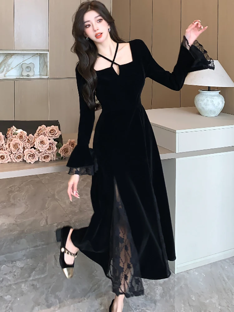 Autumn Winter Black Velvet Square Collar Sexy Dress Women Luxury Elegant Patchwork Lace Long Dress 2024 Korean Festival Dresses