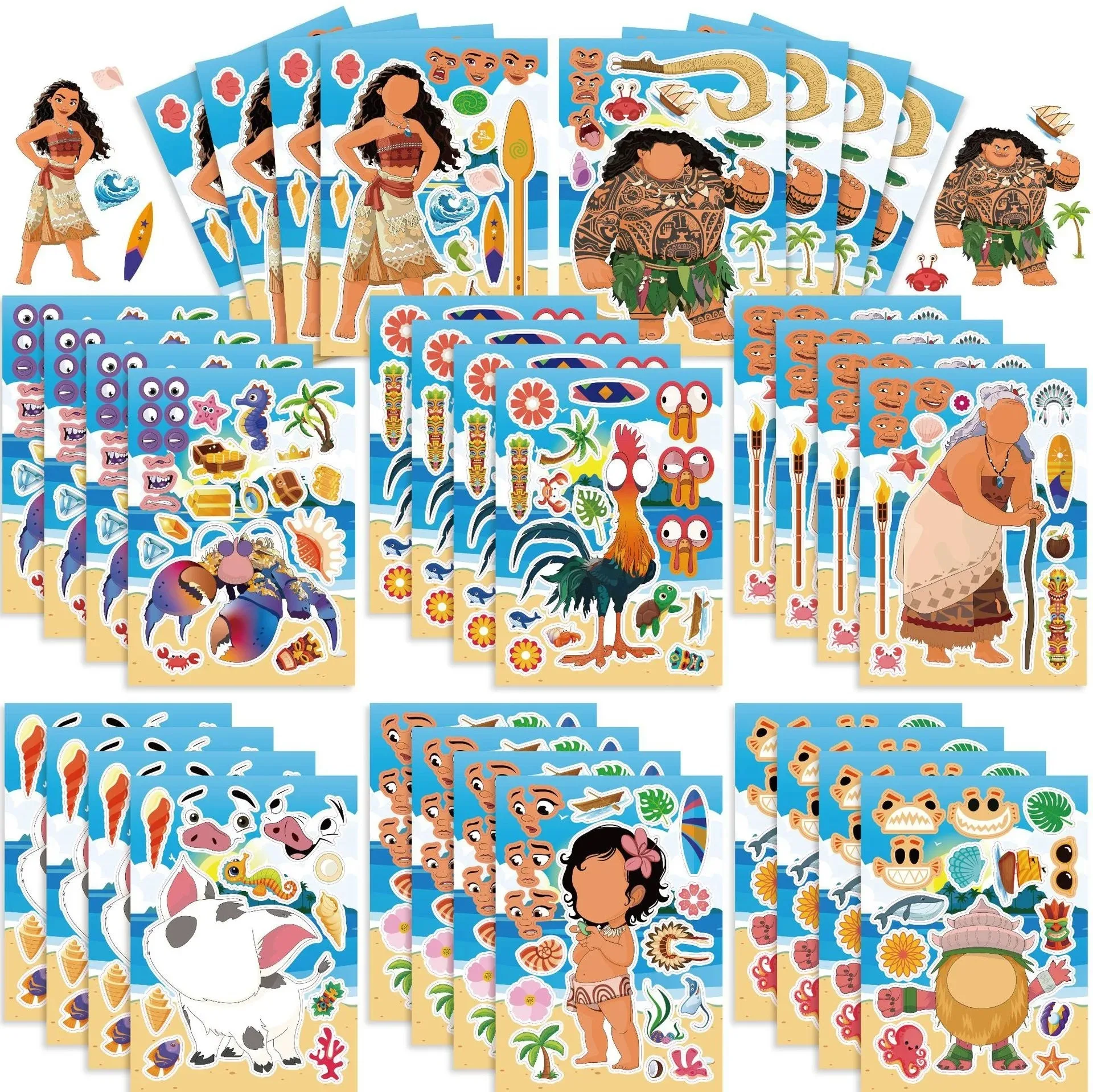 16 feuilles d'autocollants puzzle Disney Moana Maui Simea, DIY pour créer des visages, pour téléphone, ordinateur, ordinateur portable, papeterie, jouets DIY, Secret