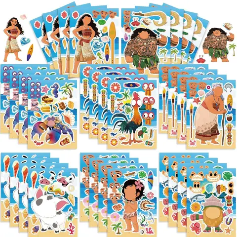 16Sheets Disney Moana Maui Simea Puzzle Stickers DIY Make a Face Sticker for Phone Computer Notebook Stationery DIY Toys Secret