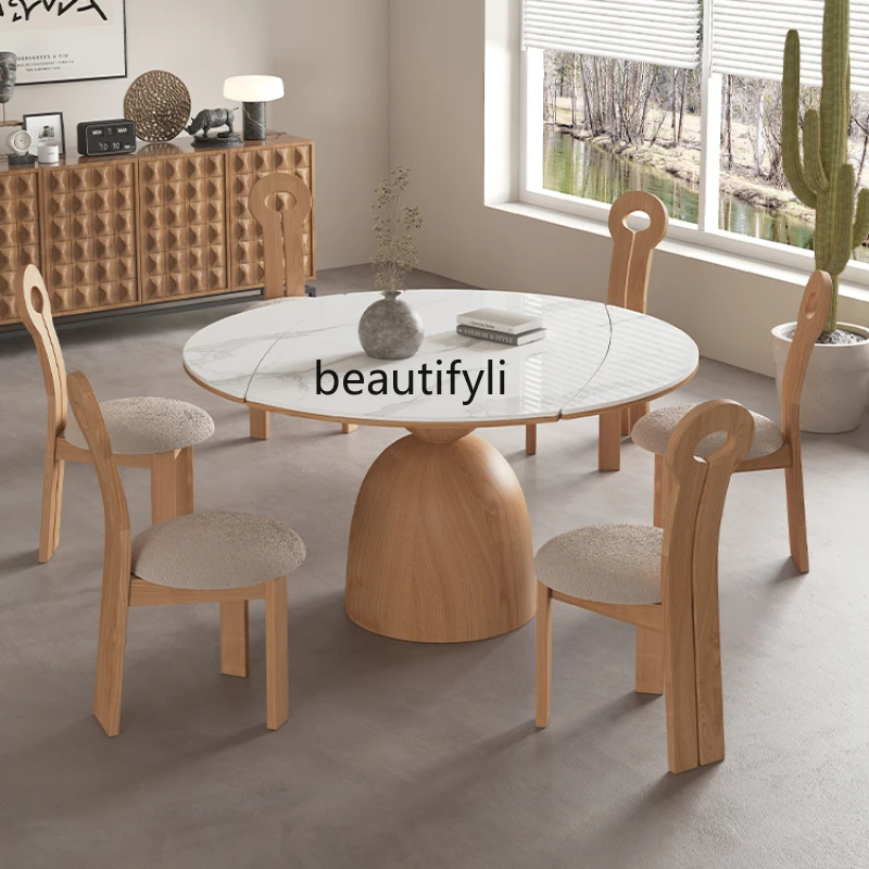 

Cream Log Style Stone Plate round Table Modern Simple Home Rotating round Dining Table Solid Wood Ash Table and Chair