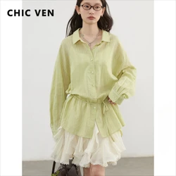 CHIC VEN Women Shirt Textured Cotton Striped Waist Shirt Long Sleeves Female Sun Protection Blouses Spring Summer 2026