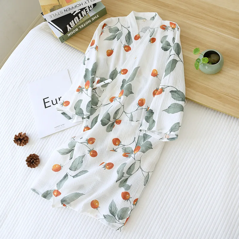 Spring and summer new Japanese-style kimono nightgown women\'s bathrobe 100%cotton crepe loose sweat steaming yukata home service