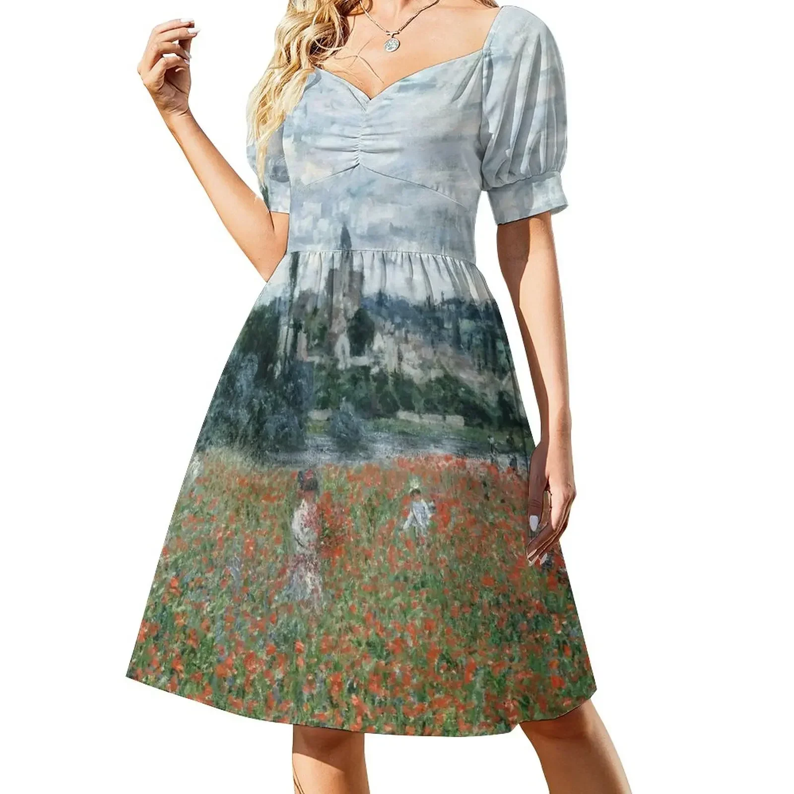 HD. Champ de coquelicots près de Vétheuil, by Claude Monet. HIGH DEFINITION Sleeveless Dress woman dress Dress