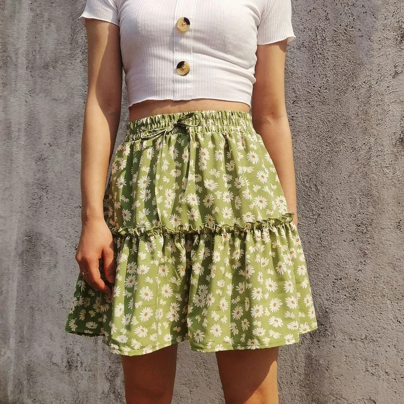 Women Casual Lace-Up High Waist Mini Skirts 2024 Fashion Summer Girl Floral Short Daisy Print Pleated Skirt Ladies Streetwear