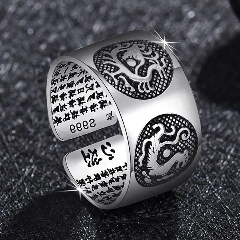 Vintage Ring Amulet Lotus Buddhist Chinese Letter Opening Rings Men&Women Jewelry Buddhistic Heart Sutra Rings