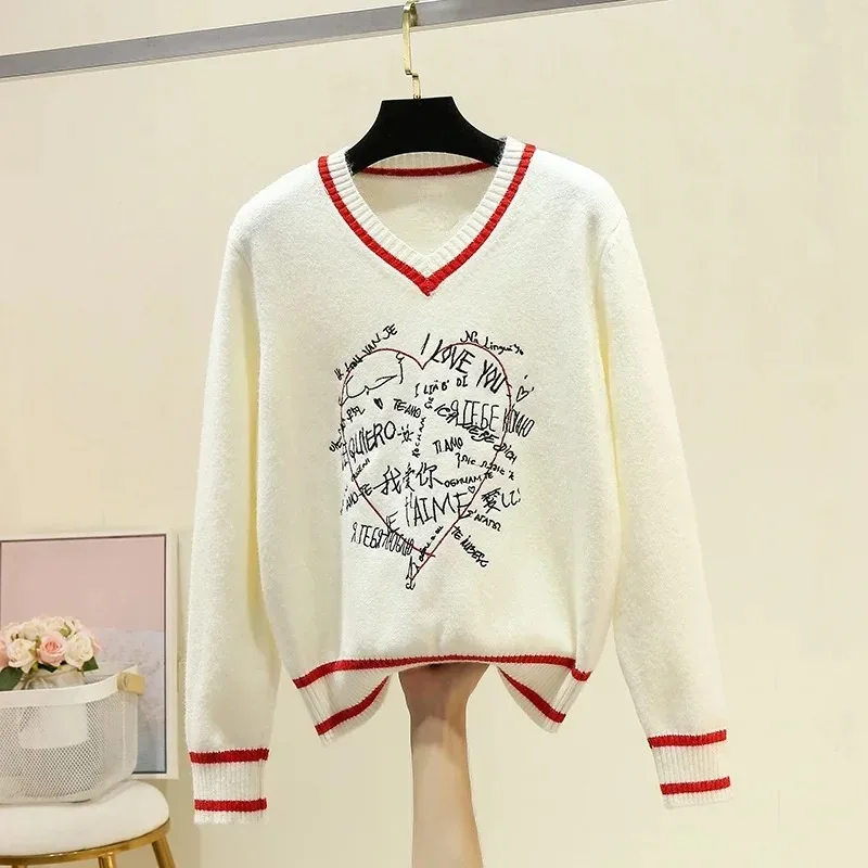 Sexy V-Neck Sweet Love Long Sleeve Jumper White Sweaters Jersey Striped Letter Lady Knit Clothes Women Pullover Woolen Knit Tops