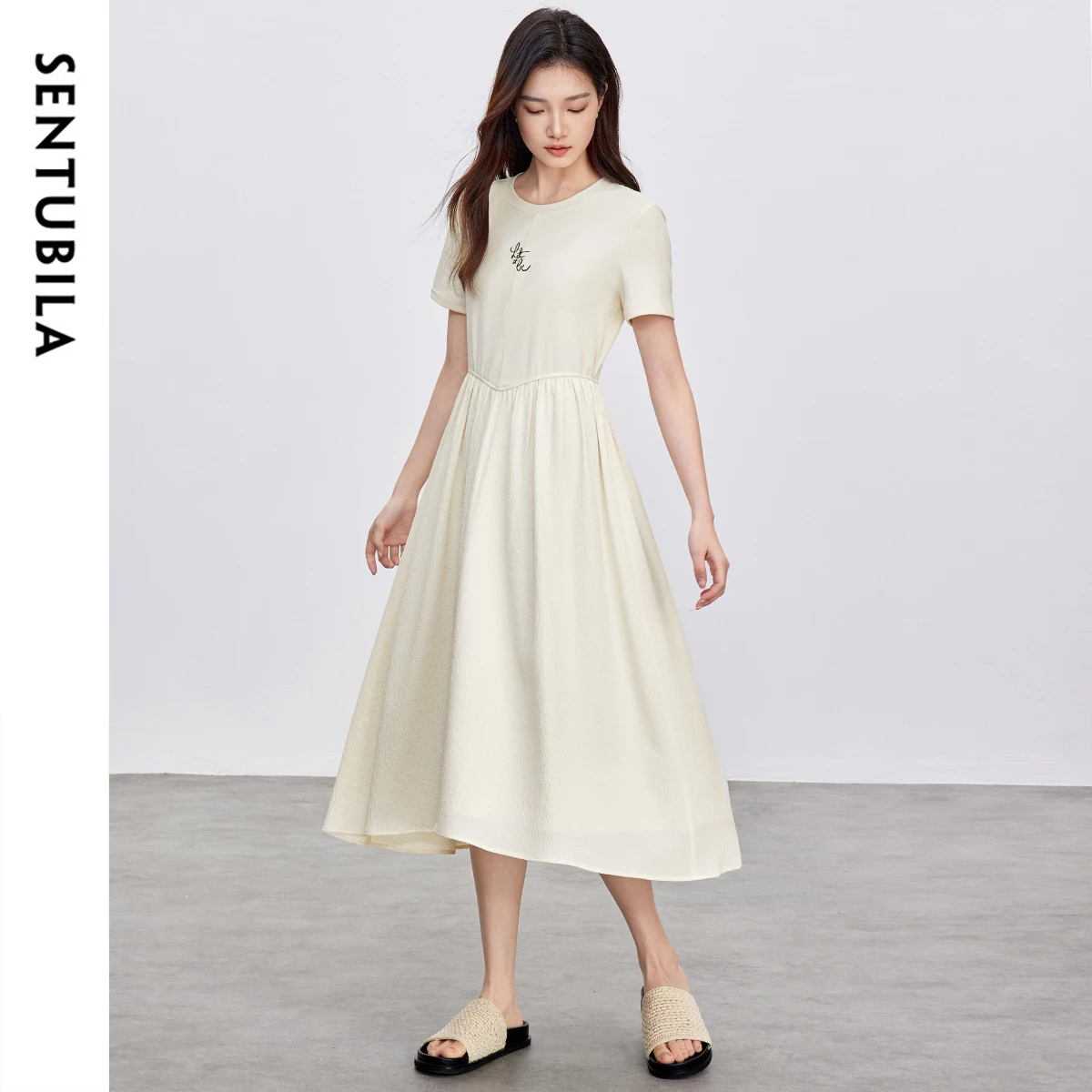 SENTUBILA Women's Crew Neck Short Sleeve Elegant Midi Dress 2026 Summer New High Waist A-line Embroidered Casual Dress 152L59145