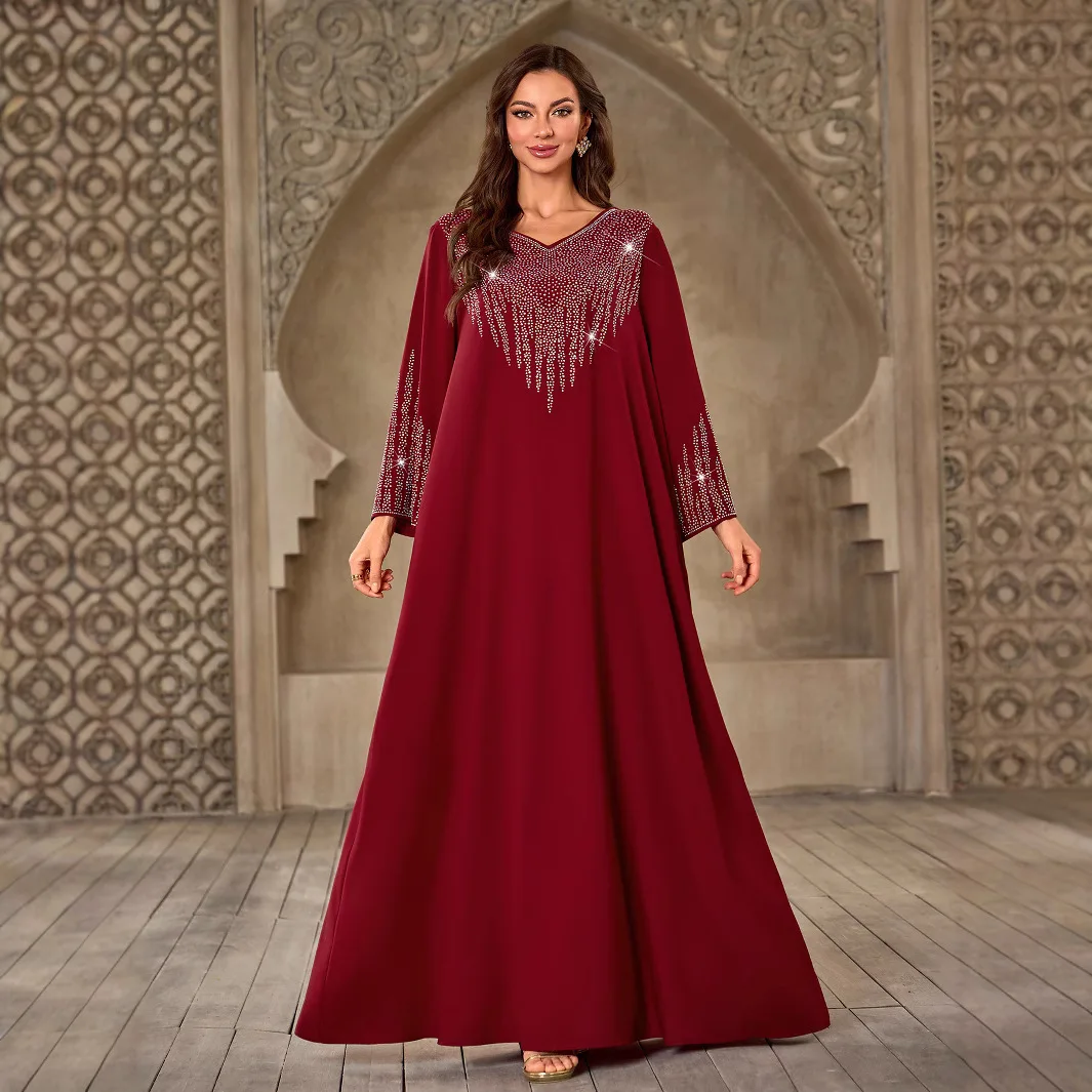 

Fashion Diamond V-neck Women's Luxury Evening Dress Muslin Loose Party Gown Vestidos Ramadan Dubai Long Sleeved Casual Abaya New