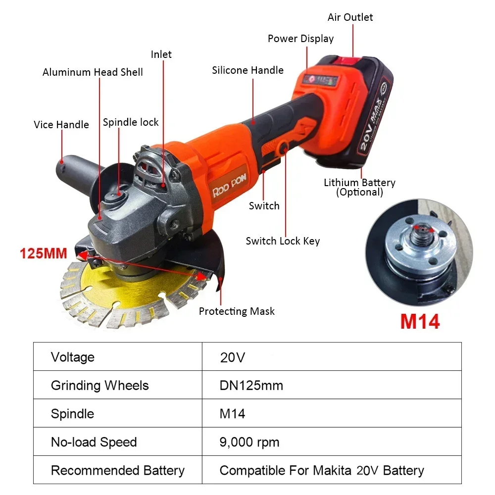 RDDSPON Borstelloze Elektrische Haakse Slijper Draadloze 125 MM 3 Versnellingen Snijmachine Power Tool Voor Makita 18 V Lithium-Ion batterij