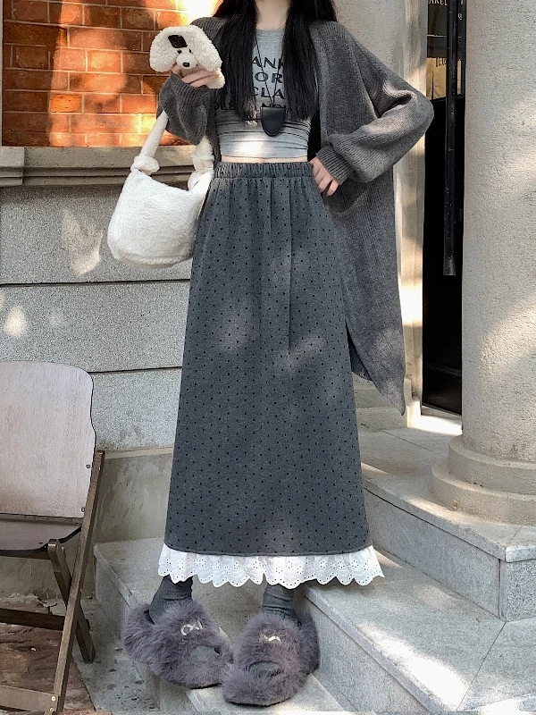 

Женская шерстяная юбка миди в горошек с кружевными вставками, А-силуэт, весна-осень, с высокой талией, на резинке, прямая, тубусная