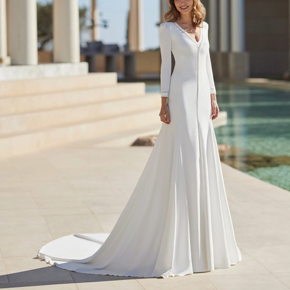 

Свадебное платье с индивидуальным дизайном из кружева и атласа, с открытой спиной, силуэт русалка, V-образный вырез, длинные рукава, атласное свадебное платье (vestidos de novia)