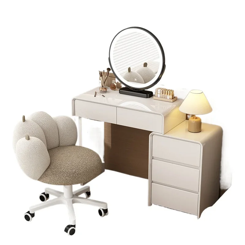 Small apartment light luxury solid wood dresser baking paint minimalist cream style bedroom makeup table chest integrated