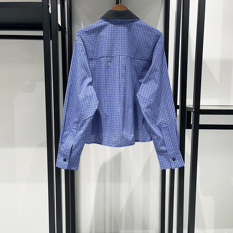 Combinaison à carreaux bleus pour femmes françaises – Col chemise avec strass et body à taille élastique