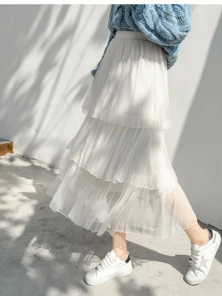 กระโปรงตาข่ายจีบพลีทสไตล์ใหม่สำหรับฤดูใบไม้ผลิและฤดูร้อน กระโปรงทรงเอไลน์ยาวปานกลางสำหรับผู้หญิง น้ำหนักเบา ระบายอากาศได้ดี เหมาะสำหรับใส่ในชีวิตประจำวัน