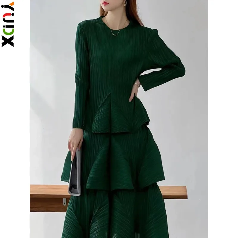 

YUDX Miyake Pleated Fashion Dress Women Full Sleeve Round Collar Medium Long Elegant Evening Party Solid Color Female Clothing
