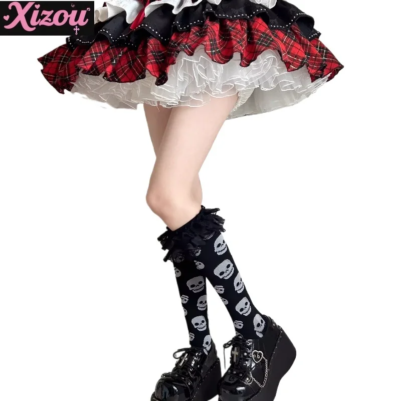 Japanese y2k yabifeng autumn lolita sweet music note black lace calf socks women's pressure socks personality girl tube socks