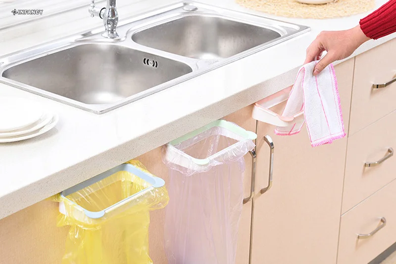 Bastidores de bolsas de basura colgantes, soportes de almacenamiento de armario de cocina, soporte de puerta trasera, bolsa de basura, estante de almacenamiento de toallas