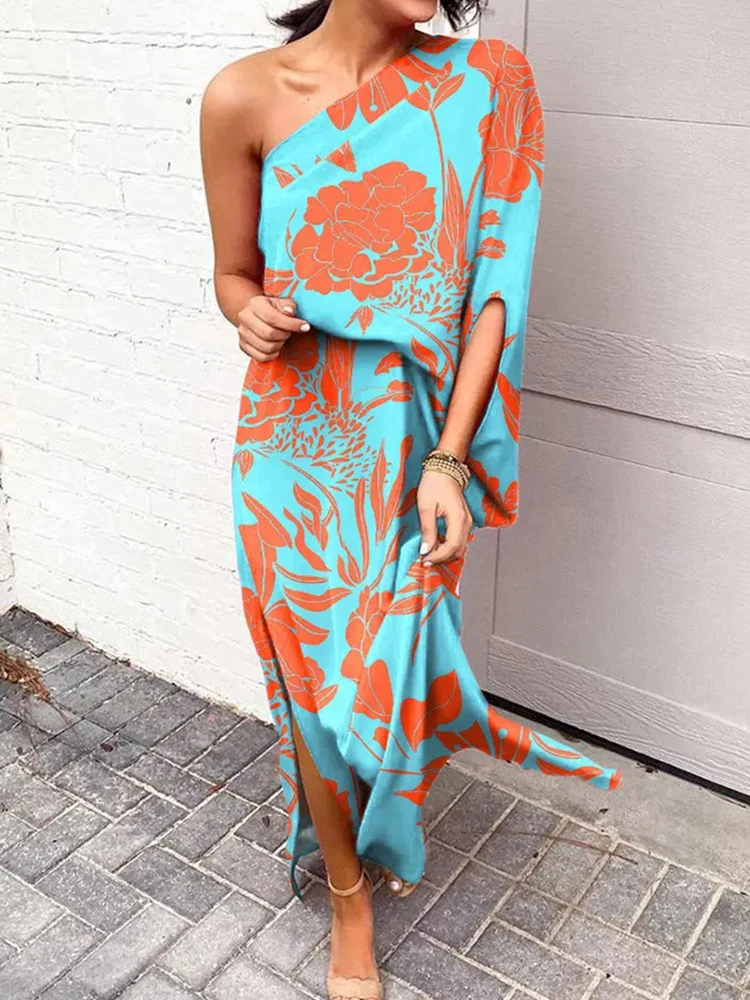 

Женское асимметричное платье с открытыми плечами, элегантное свободное вечернее платье с диагональным воротником и принтом в уличном стиле, весна-лето