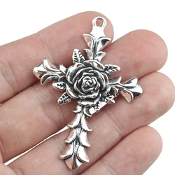 2 Pieces 40*56mm Newest  Mixed Alloy Antique Silver Color Cross Flower Charms Vintage Pendant Accessory For DIY Jewelry Making