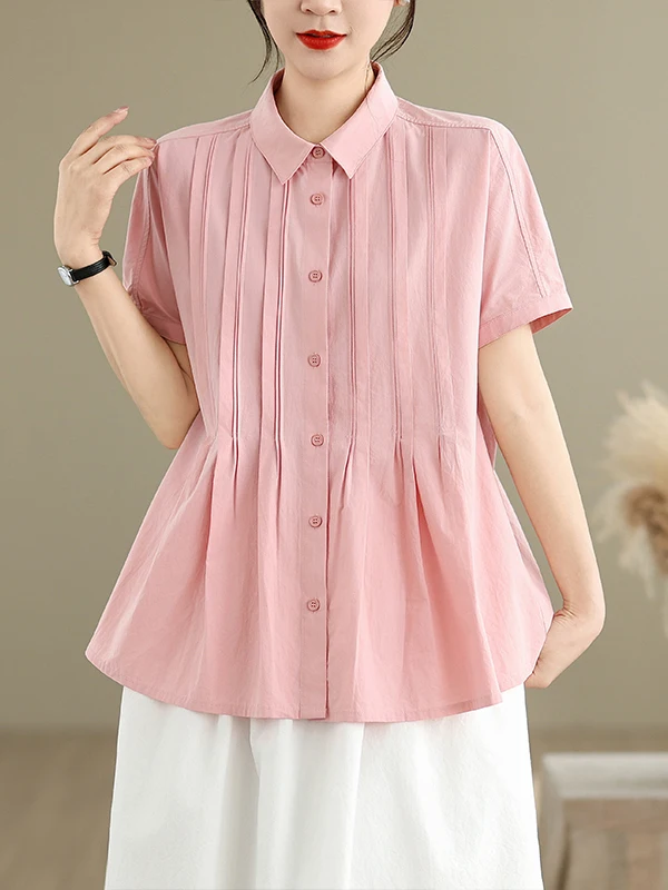 

Pure Cotton Casual Shirt Thin Summer Short Sleeve Turn-down Collar Versatile Loose Fit Women's Top Breathable Comfortable