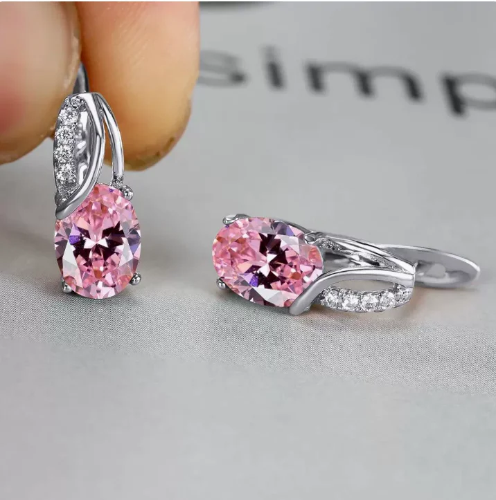 Oval Created Pink Sapphire 925 Sterling Silver Geometric Hoop Earrings Huggies for Women Gemstone Fine Jewelry Birthday Gift