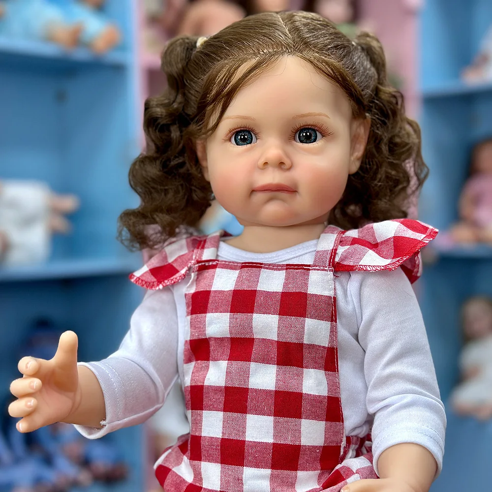22인치 비닐 리본 베이비돌 - 갈색 긴 곱슬머리, 핑크 체크무늬 의상, 파란 눈, 수집가를 위한 선물 상자