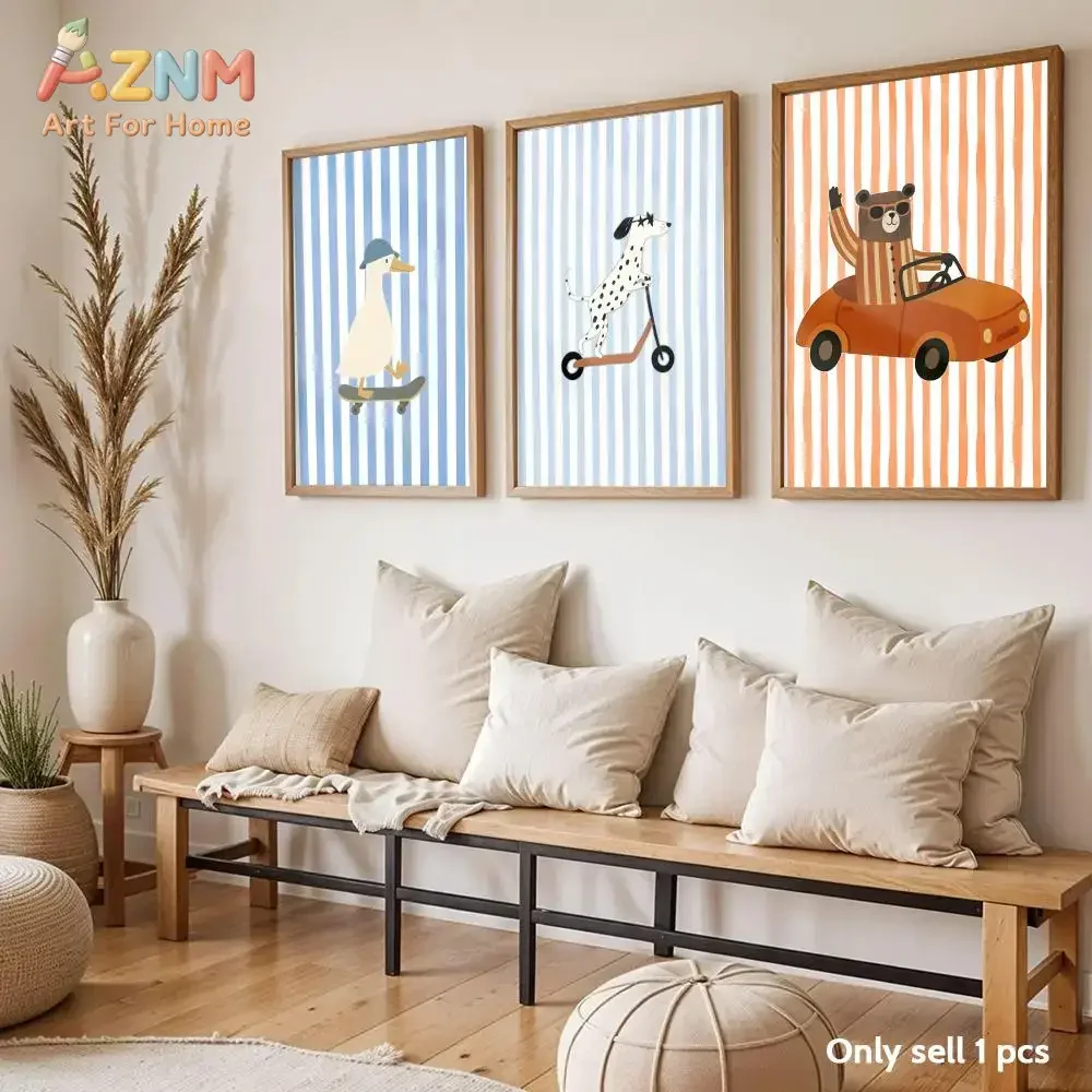 AZNM Cute Cartoon Animals On Vehicles Canvas Wall Art, Striped Checkered Background Bear Duck Lion Giraffe Elephant Skateboard S