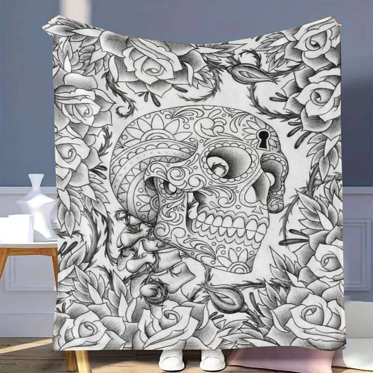 Black White Sugar Skull Rose Vintage Line Art Print Flannel Blanket Soft Throw For Sofa Bedroom Indoor Daily Home Decor Gift