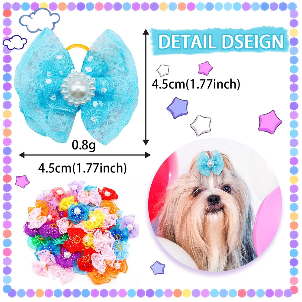 10pcs Pet Dog Hair Bow Accessories Lace Pearl Accents Colourful with Rubber Bands for Cute Medium Small Dog Cats Pet Decoration