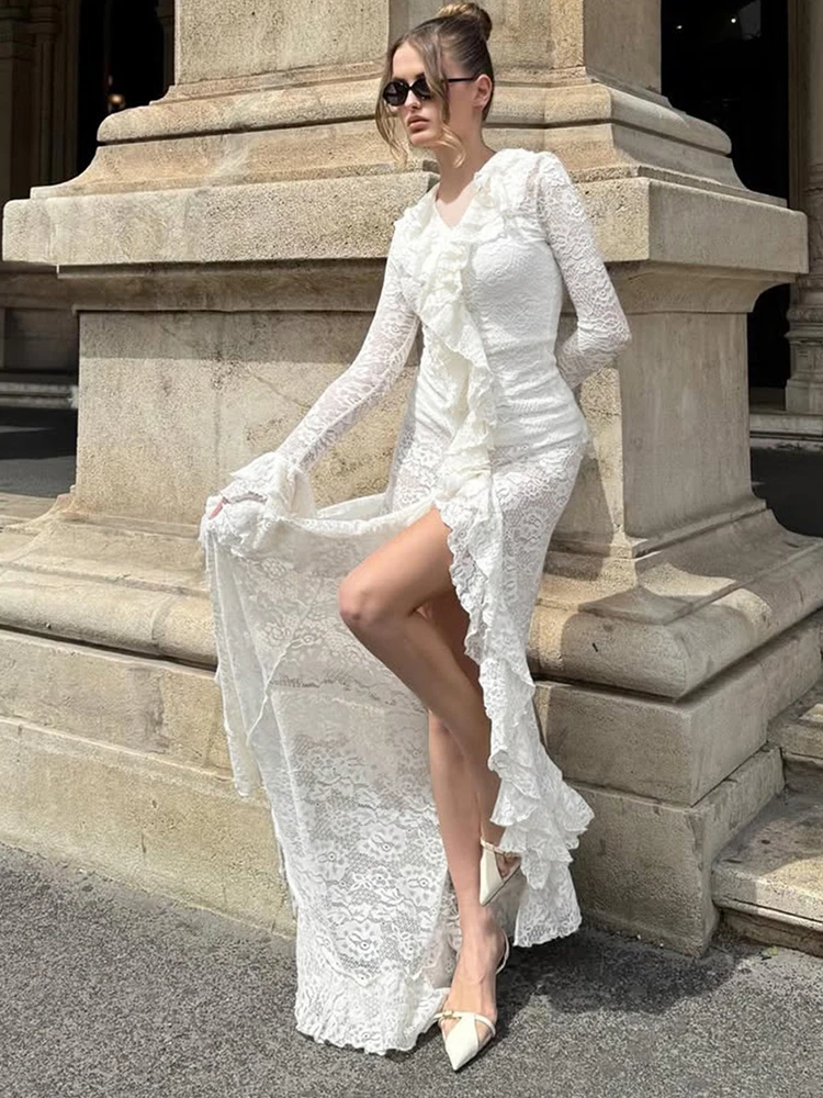 Cutenew Lace Stacked Women Maxi Dresses Romantic French Full Sleeve Ruffle Neck Split Bodycon Female Sexy Sheer Trend Vestidos