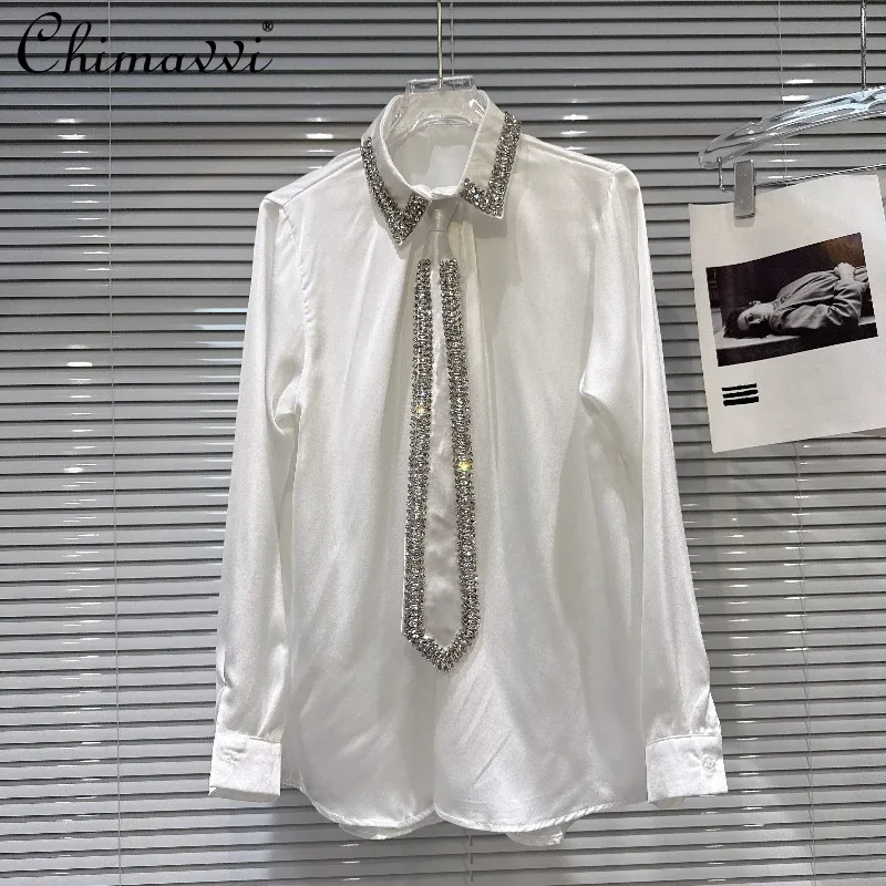 

Spring and Autumn New Heavy Fashion Rhinestone Edge Tie Acetate Fabric Long Sleeve Shirt Elegant Loose Fit Women's Blouse