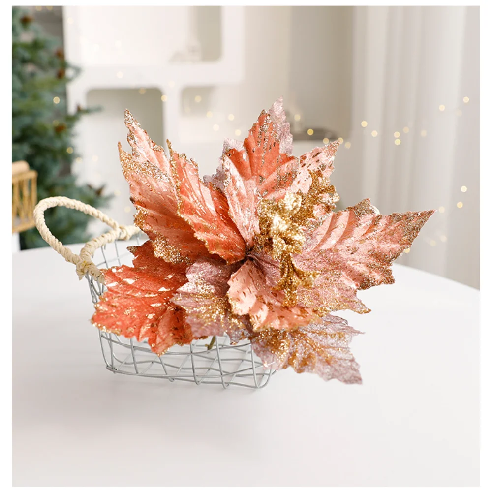 1PC Christmas Gold Silver Imitation Flower Xmas Tree Sequins Artificial Flowers DIY Ornaments for Festival Party New Year Decor