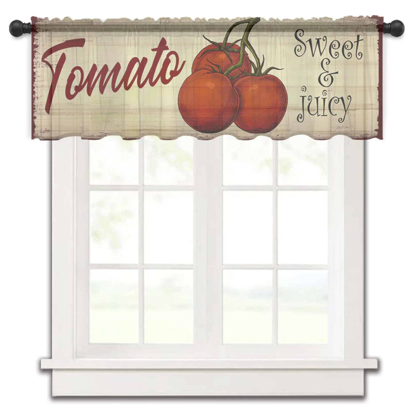 Tomato Wood Grain Retro Kitchen Small Window Curtain Tulle Sheer Short Curtain Bedroom Living Room Home Decor Voile Drapes