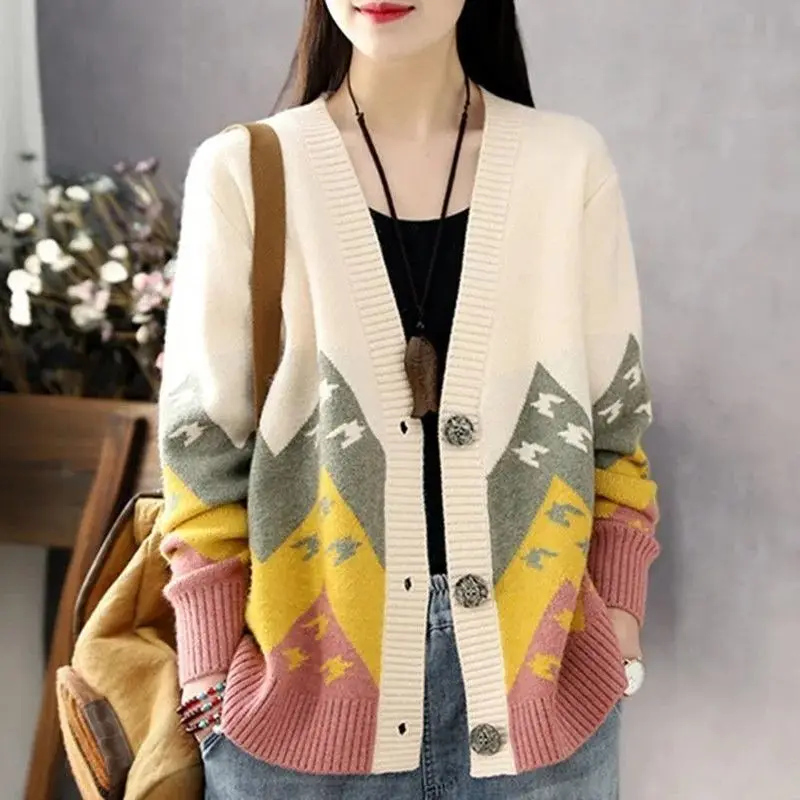 2023 New Autumn and Winter Retro Art Casual Loose Super Oversized V-neck Printed Long Sleeve Versatile Knitted Sweater Cardigan