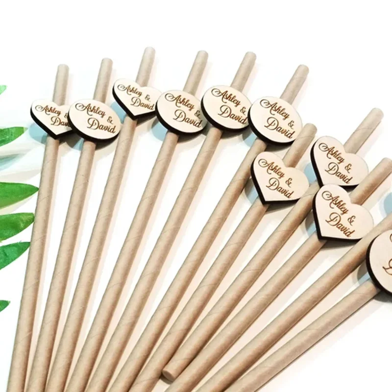 20/50/100PCS Personalized Engraved Paper Straw Hangs Wood Love Heart Customized Straw Wedding Favors Baby Shower Party