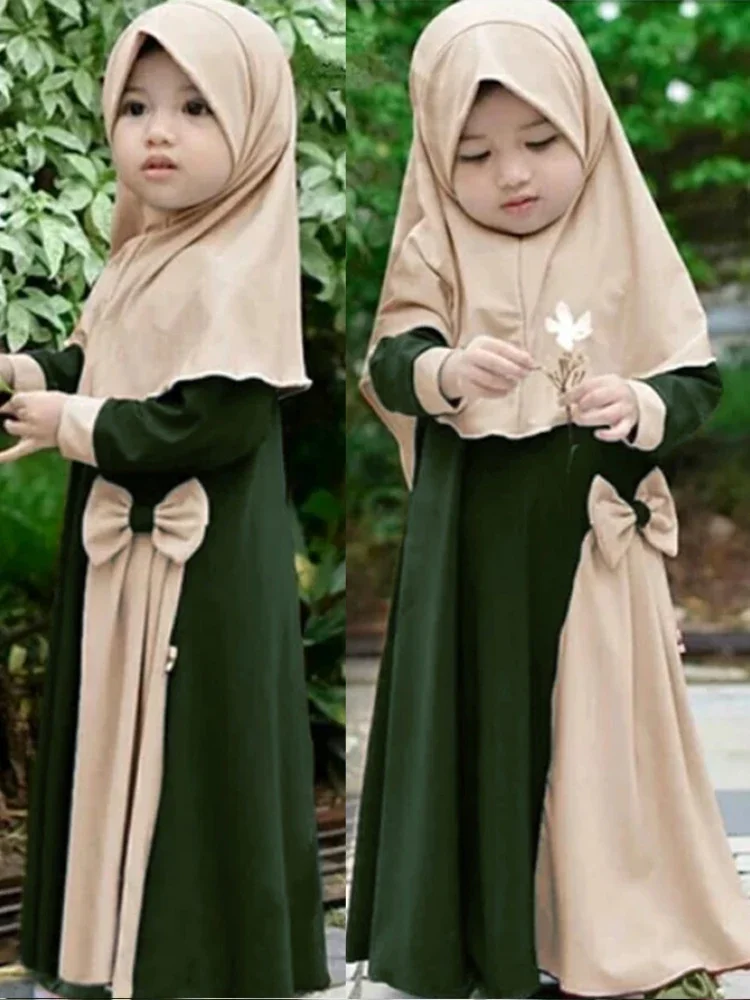 2Pcs Muslim Ramadan Prayer Dress Abaya Sets Children Girls Eid Khimar Hijab Arab Kids Long Robe Headscarf  Kaftan Gown jilbab