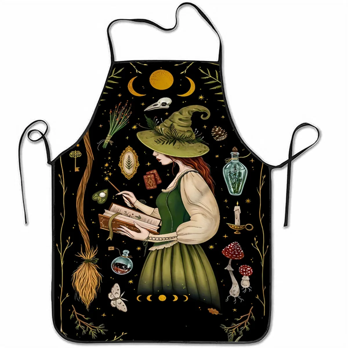 

1pc Large Witch Reading Spellbook Apron Gothic Witch Design with Magical Items Dark Green Black Kitchen Apron for Halloween