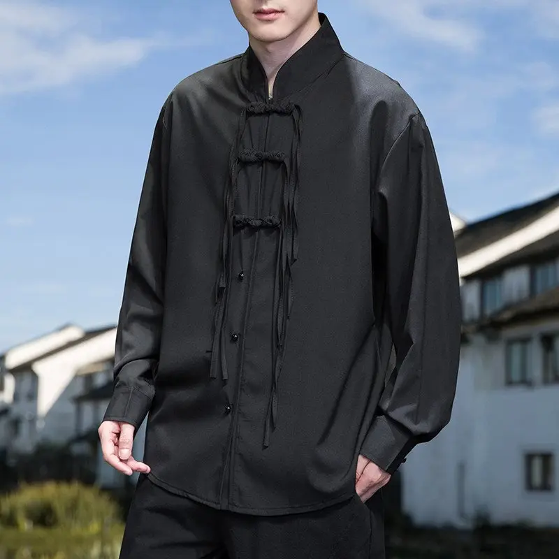 

Bla Silk Button Asymmetrical Design irt Loose Fit Chinese Sle Collar Long Sve Men's Casual Faion CS0P65 Control 88
