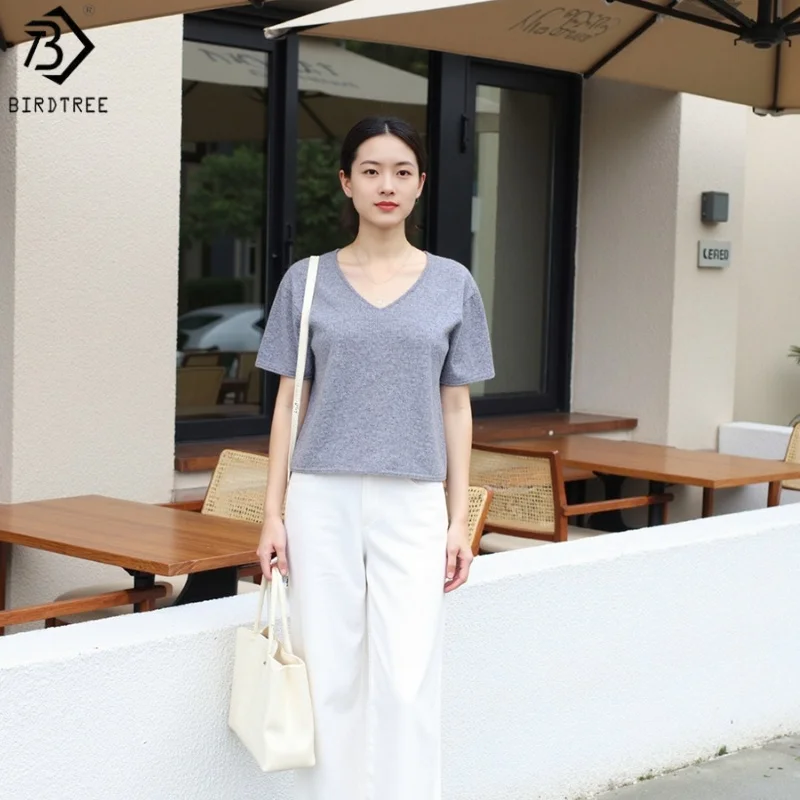 

Бесшовный свитер Birdtree из 100% овечьей шерсти, женские однотонные топы с v-образным вырезом и короткими рукавами, трикотаж, пуловер, базовая рубашка на осень T58314JF