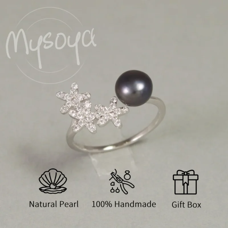 

MYSOYA черный пресноводный жемчуг CZ кольцо регулируемое кольцо с подарочной коробкой идеальный подарок на свадьбу, день рождения, ювелирные изделия