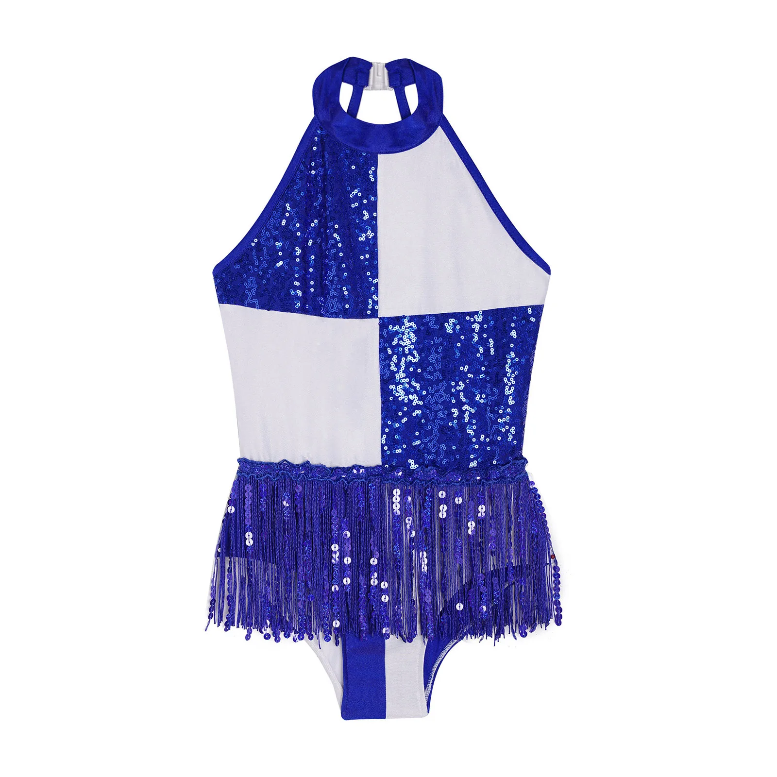 

Kids Girls Ballet Dance Leotard Color Block Latin Jazz Dancing Costume Sequins Tassel Halter Sleeveless Backless Stage Bodysuit