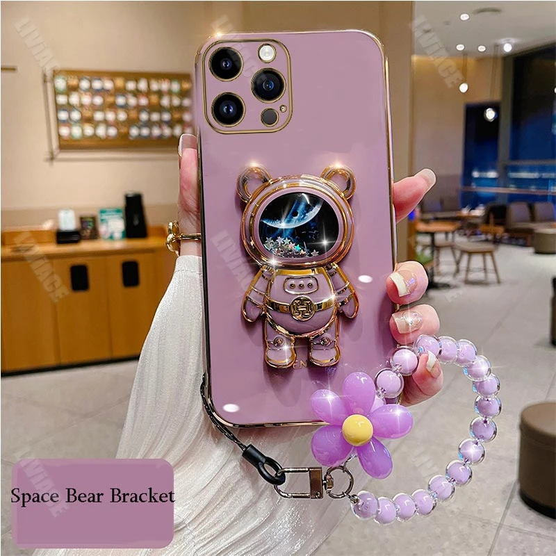 우주 비행사 꽃 팔찌 케어 iPhone 14 11 12 13 Pro Max 13 12 Mini 8 7 6 6S Plus 10 X Xr Xs Max SE 접이식 스탠드 커버