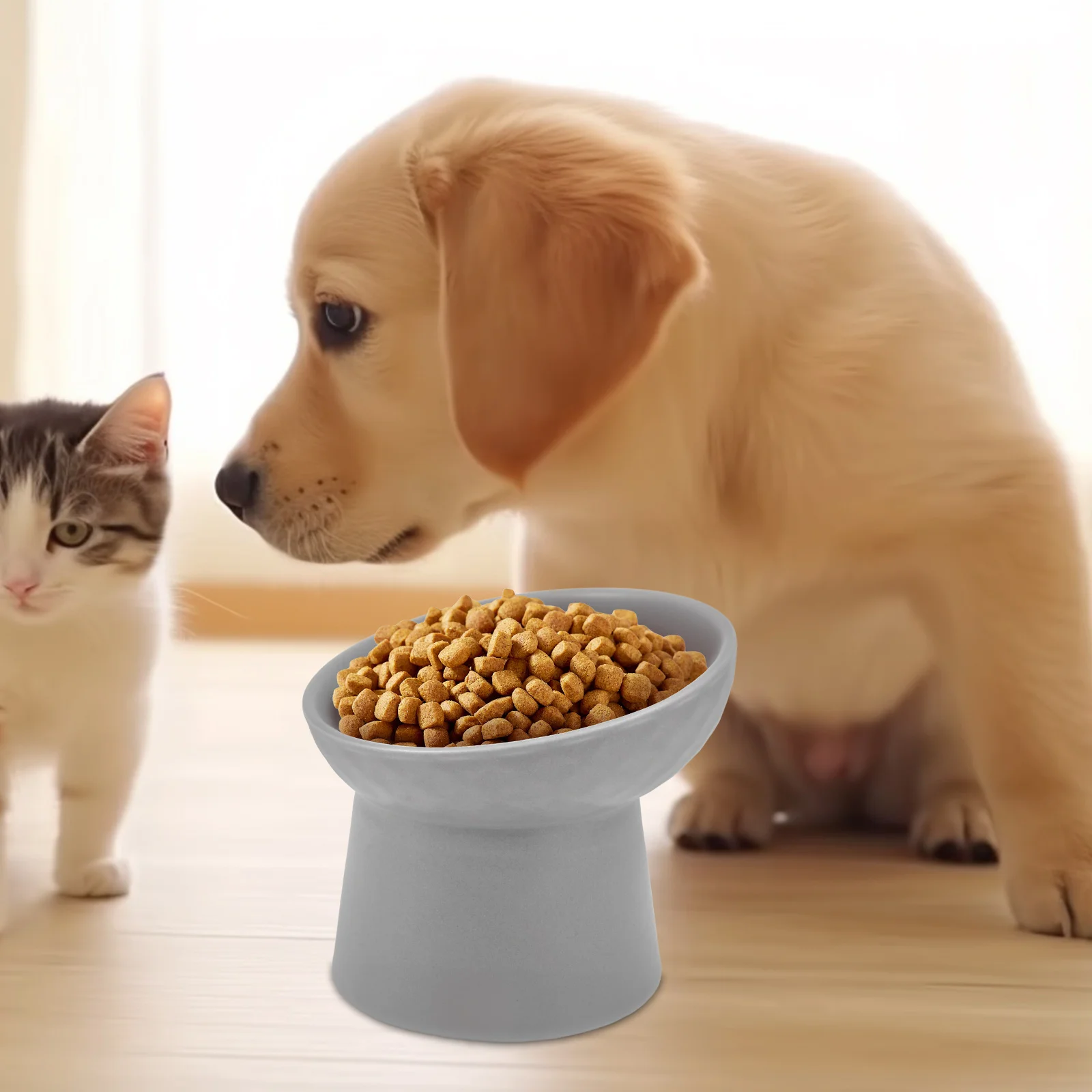 

Ceramic Pet Bowls Grey Raised Neck Protection Cat Dog Feeding Accessories Wear Resistant Dishwasher Safe Elevated Bowl Portion
