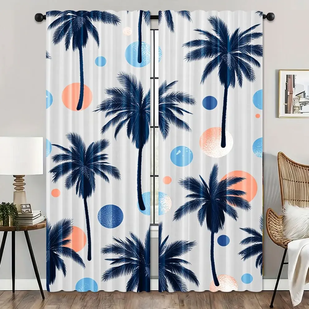2pcs, Tropical Palm Tree Summer Design Polyester Curtains Light Filtering Rod Pocket Drapes for Bedroom Living Room Office Machi
